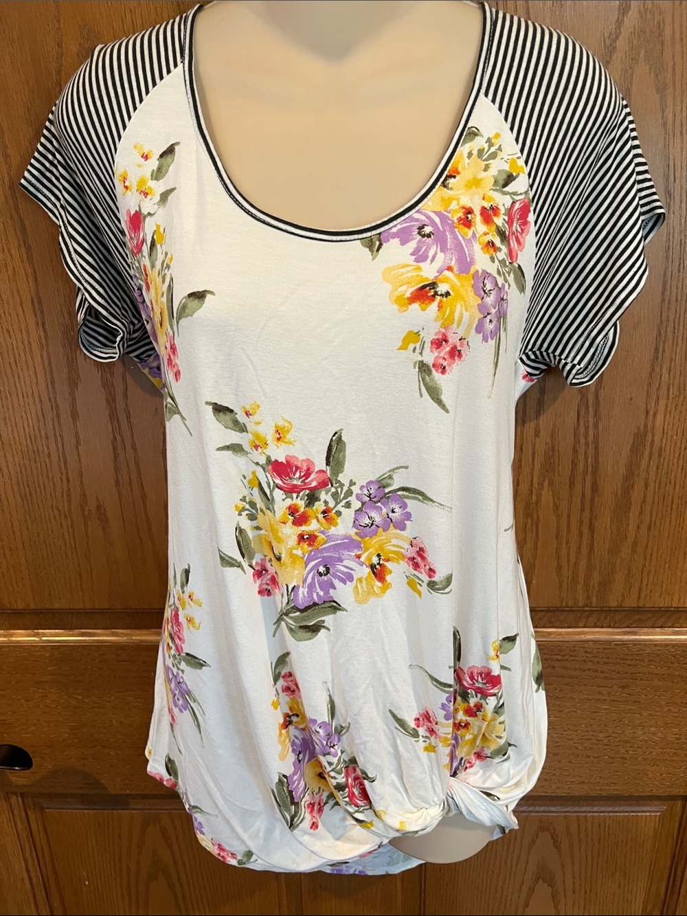 CY Fashions Scoop-Neck Floral Knot Front Tee with Striped Sleeves - Cream